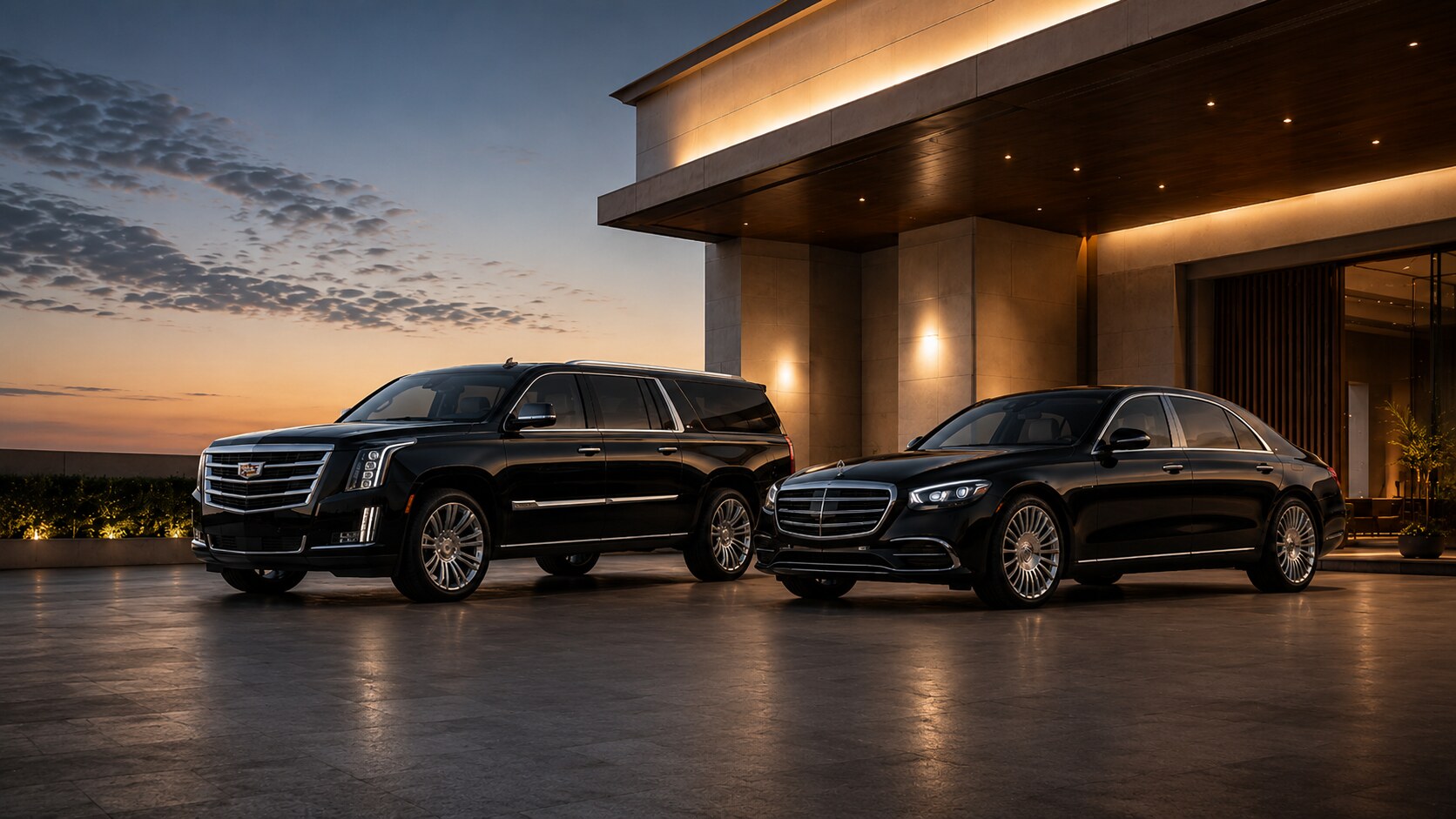 Premium black sedan and SUV in a luxury garage with gold lighting